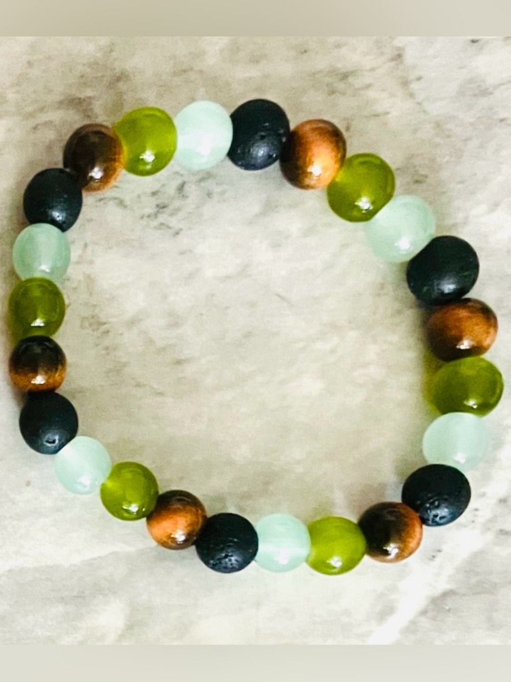 Beaded Stretch Bracelet in Green, Black & Brown